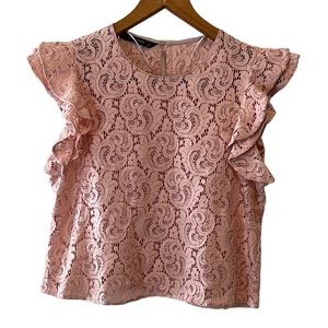 Zara Pink Lace Blouse with Ruffle Layer Cap Sleeves—Size Medium